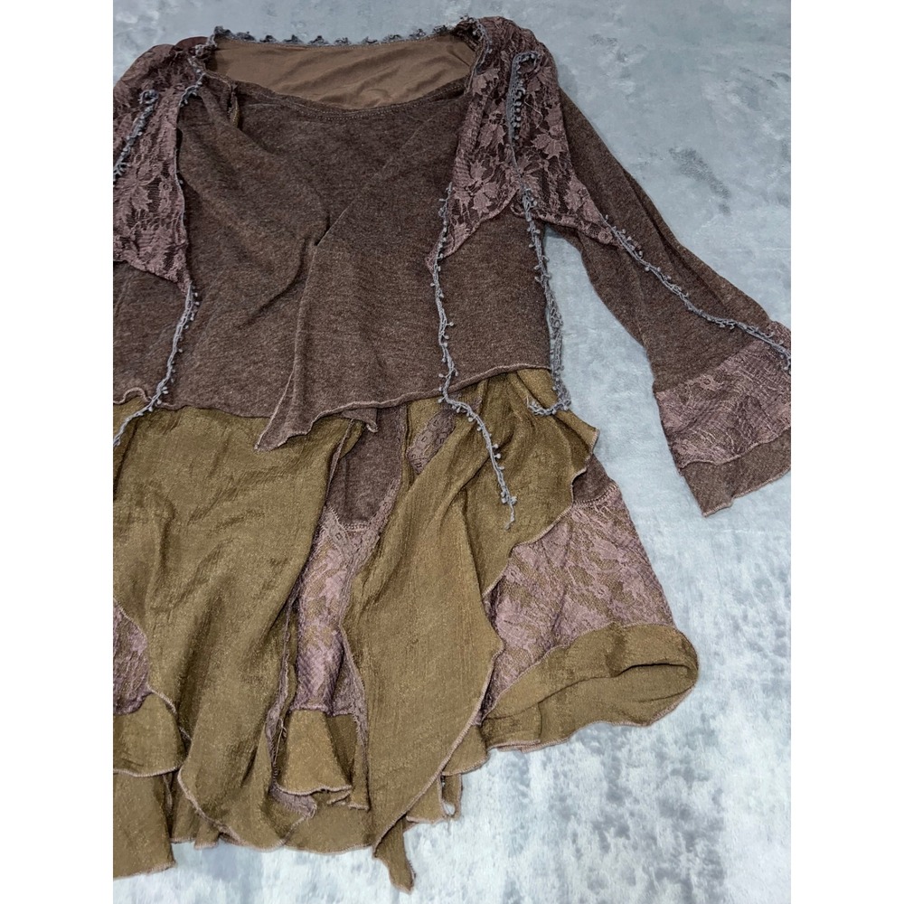 Pretty Angel Brown Olive Green Lace Layered Ruffle Tunic Top Large Boho Cottage